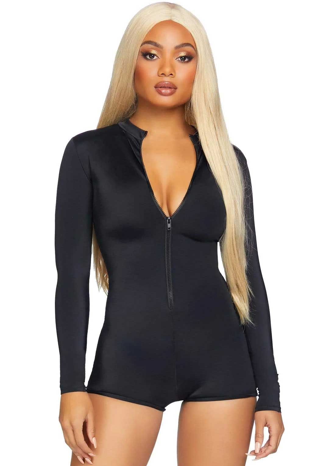 Zipper Front Long Sleeved Matte Romper - Large - Black LA-86869BLKL