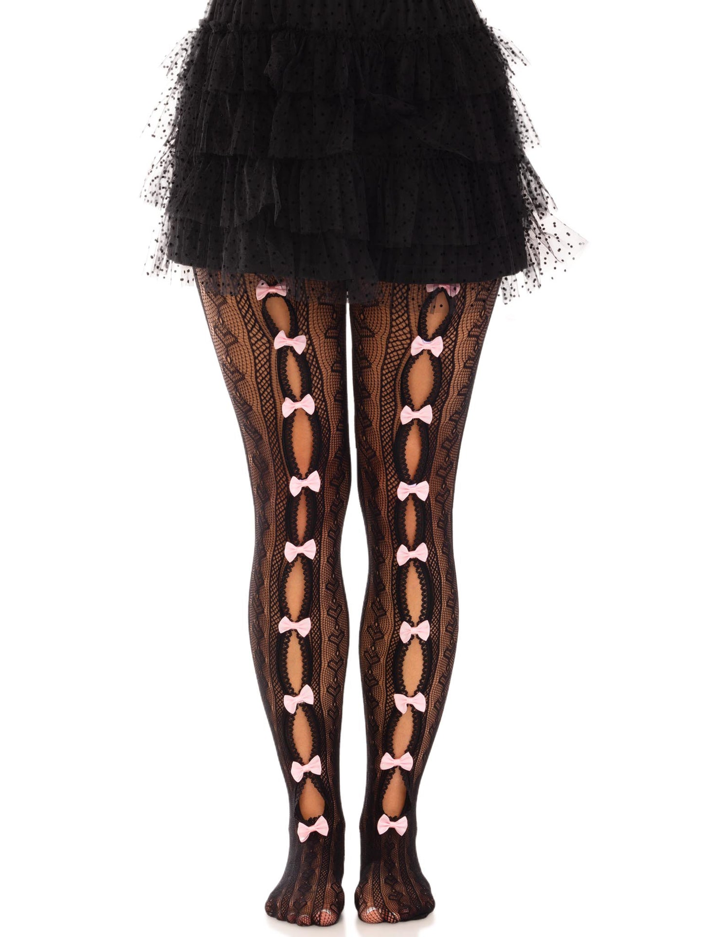 Sweetheart Striped Net Tights With Keyhole and Mini Bow Detail - One Size - Black LA-9733BLKOS