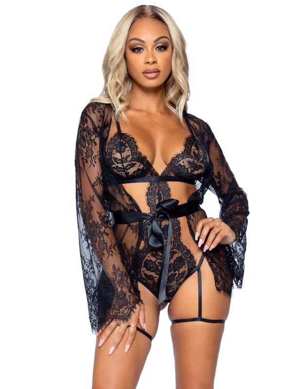 All Romance Lace Teddy and Robe Set - Large -  Black LA-86123BLKL