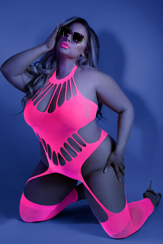 No Promises Teddy Bodystocking - Queen - Neon  Pink FL-GL2111-QS-B