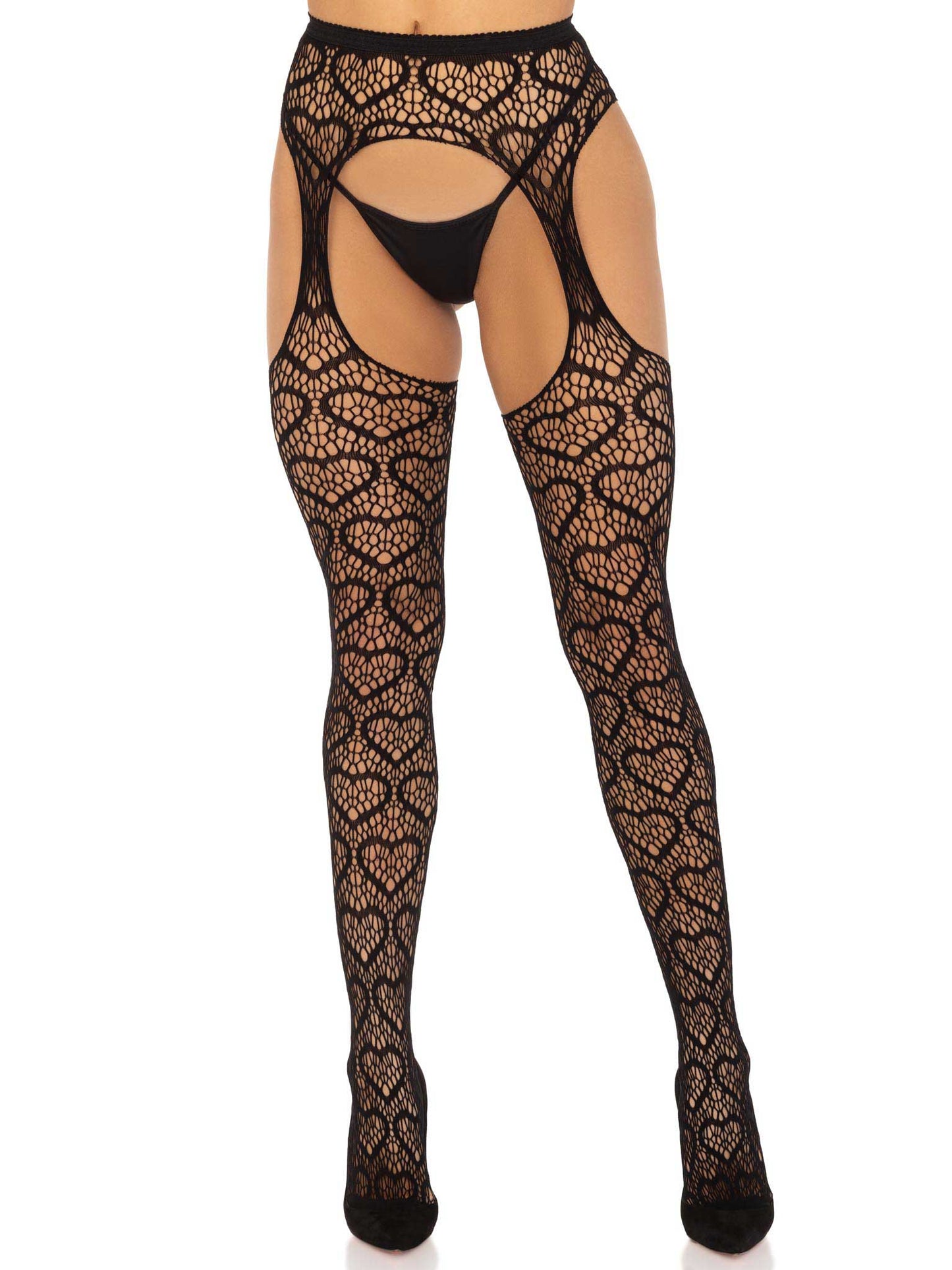 Heart Net Suspender Pantyhose - One Size - Black LA-1958BLKOS